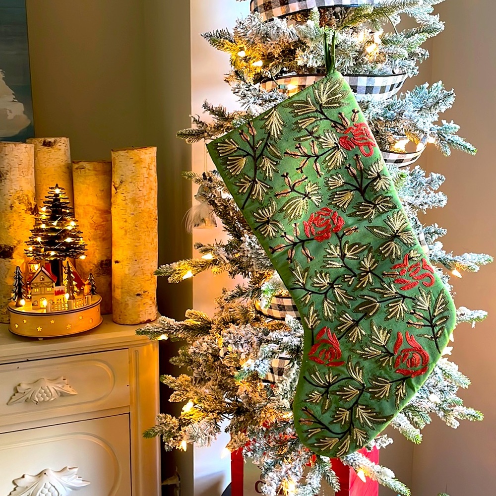 100% Silk Christmas stocking with needle work.